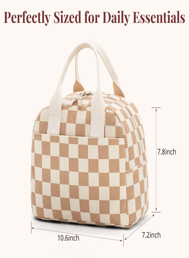 LOVELYWIND Insulated Brown checkered Lunch Bag for Women, Corduroy Tote with Aluminum Lining, Large Capacity Reusable Cooler for Work, Travel, Beach or Picnic, Checkered Water-Resistant Lunch Box - Image 3