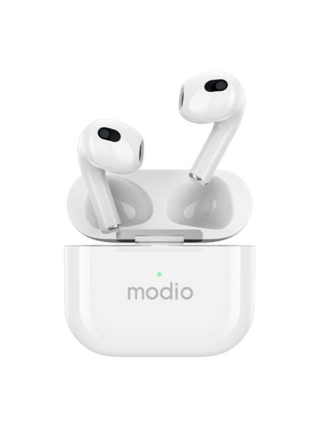 modio ME12 Wireless Bluetooth Earbuds – Crisp Stereo Sound, Ergonomic Fit, Extended Battery Life, Noise Cancelling & Touch Controls – Ideal for Calls, Music & Daily Use – Compatible with Android & iOS – White - Image 1