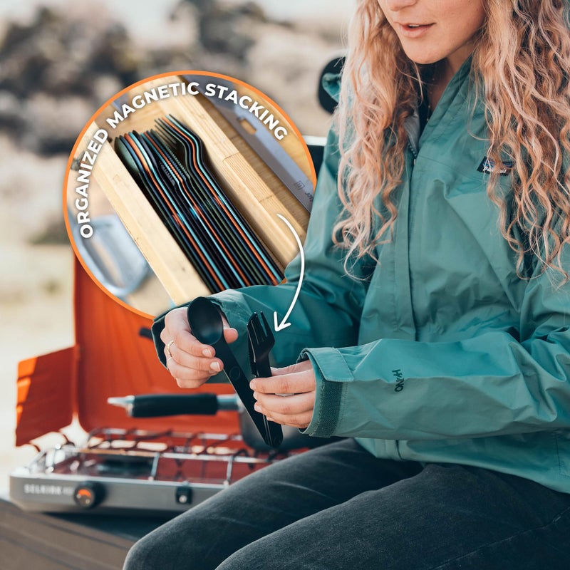 Full Windsor مجموعة أدوات تناول الطعام المغناطيسية من FULL WINDSOR - MAGWARE - أدوات السفر للتخييم والطهي وتناول الطعام في الهواء الطلق - سكين وشوكة وملعقة - أدوات فضية محمولة مع حقيبة - سوداء (3 قطع) - Image 3