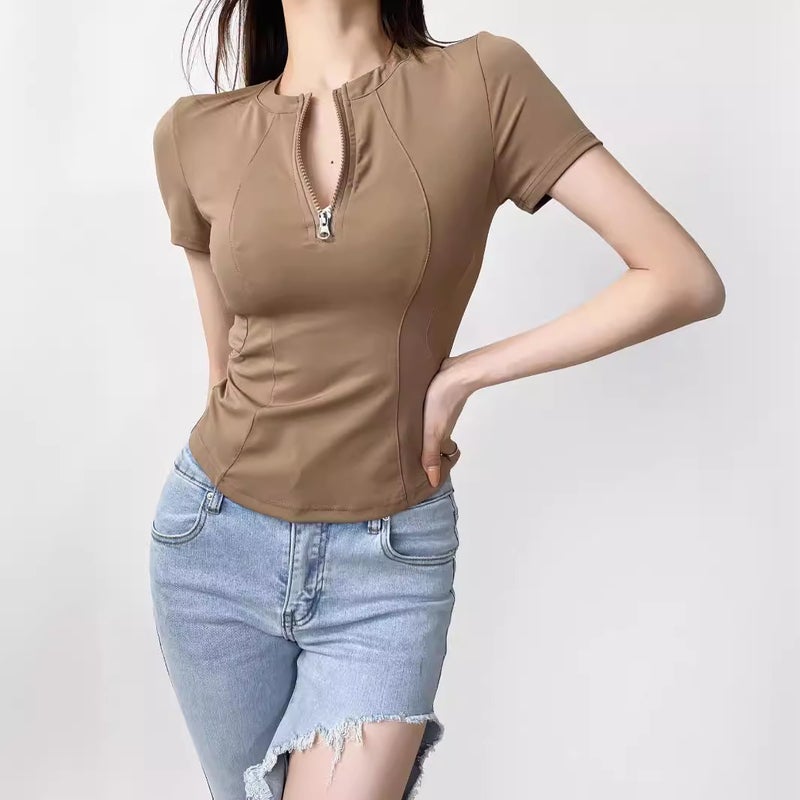 2024 Summer New Retro Half Zip Slim Yoga Casual Top American Sports Tight Short-sleeved T-shirt for Women White  - Image 5