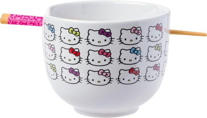 Silver Buffalo Sanrio Hello Kitty Face with Different Color Bows Pattern Ceramic Ramen Noodle Rice Bowl with Chopsticks Microwave Safe 20 Ounces - Image 1