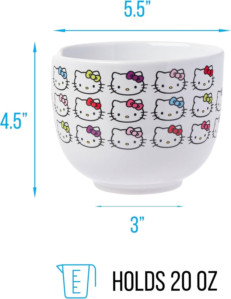 Silver Buffalo Sanrio Hello Kitty Face with Different Color Bows Pattern Ceramic Ramen Noodle Rice Bowl with Chopsticks Microwave Safe 20 Ounces - Image 2