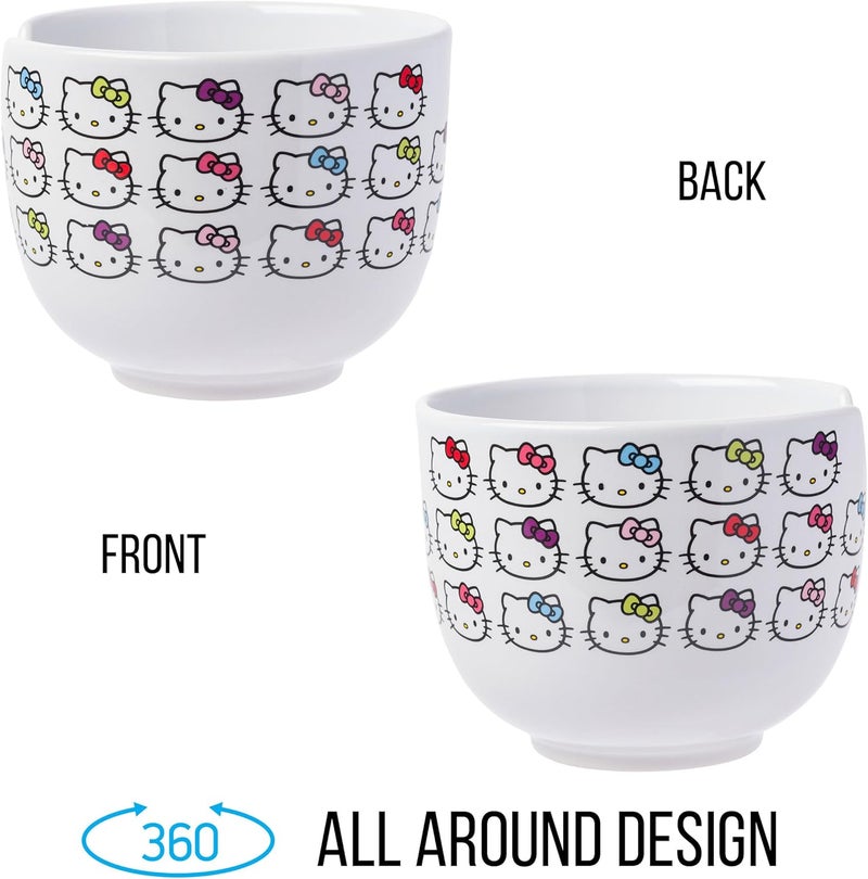 Silver Buffalo Sanrio Hello Kitty Face with Different Color Bows Pattern Ceramic Ramen Noodle Rice Bowl with Chopsticks Microwave Safe 20 Ounces - Image 5