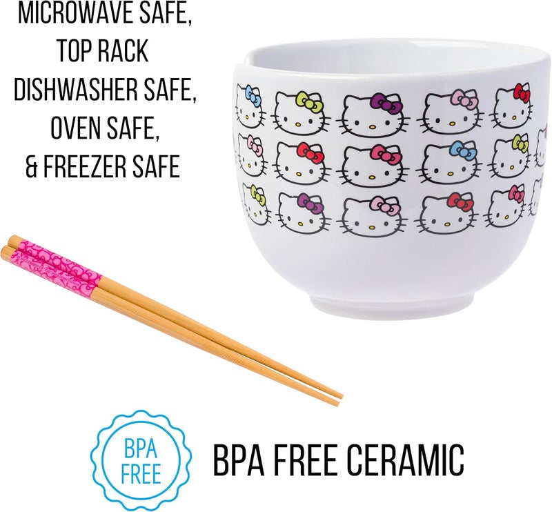 Silver Buffalo Sanrio Hello Kitty Face with Different Color Bows Pattern Ceramic Ramen Noodle Rice Bowl with Chopsticks Microwave Safe 20 Ounces - Image 3