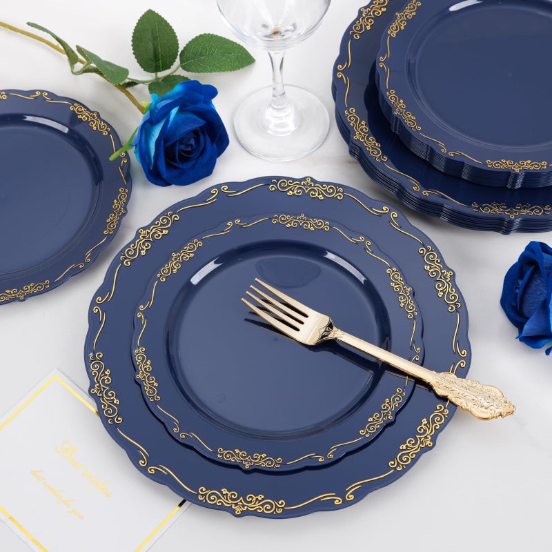 DaYammi 150Pcs Blue Plastic Plates Heavy Duty Navy Blue Disposable Plates with Gold Plastic Silverware include 30 Dinner Plate  30 Dessert Plate  90 Gold Silverware Set for Party Wedding - Image 1