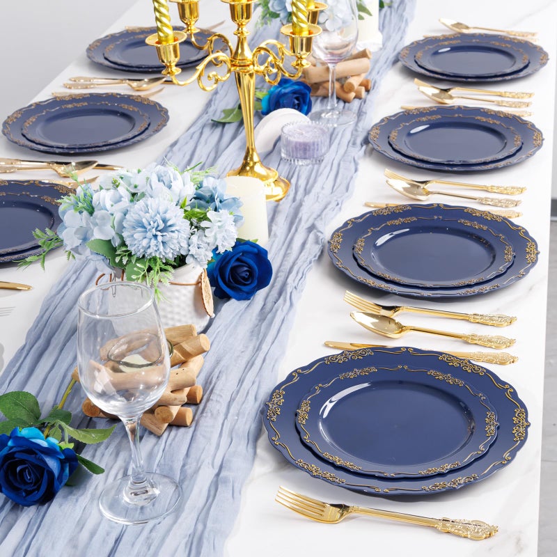 DaYammi 150Pcs Blue Plastic Plates Heavy Duty Navy Blue Disposable Plates with Gold Plastic Silverware include 30 Dinner Plate  30 Dessert Plate  90 Gold Silverware Set for Party Wedding - Image 3