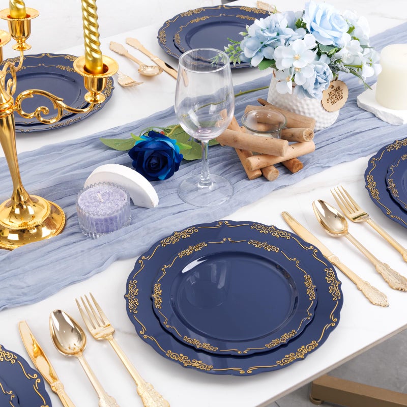 DaYammi 150Pcs Blue Plastic Plates Heavy Duty Navy Blue Disposable Plates with Gold Plastic Silverware include 30 Dinner Plate  30 Dessert Plate  90 Gold Silverware Set for Party Wedding - Image 4