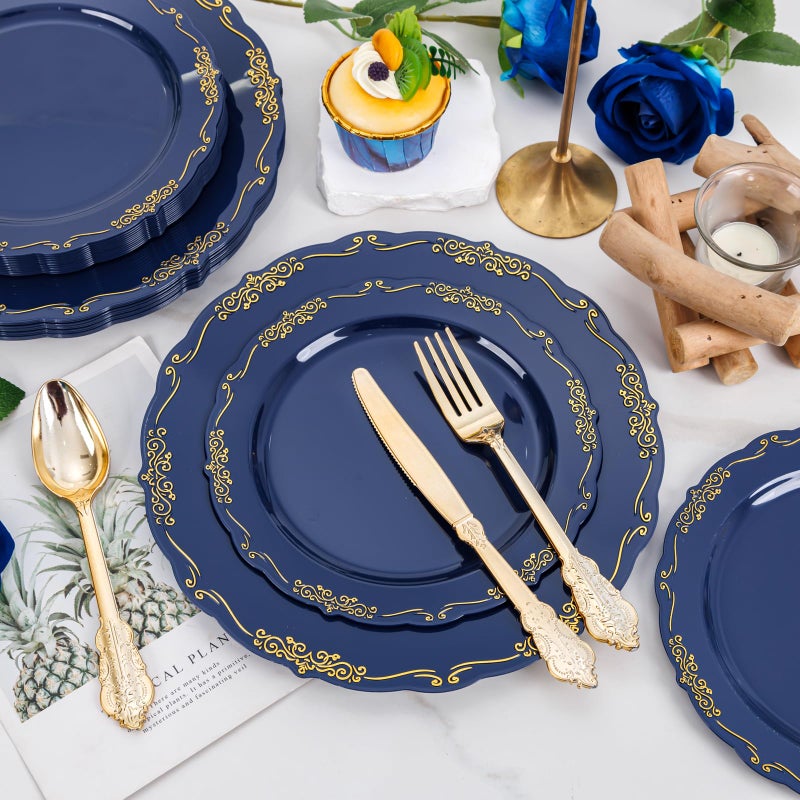 DaYammi 150Pcs Blue Plastic Plates Heavy Duty Navy Blue Disposable Plates with Gold Plastic Silverware include 30 Dinner Plate  30 Dessert Plate  90 Gold Silverware Set for Party Wedding - Image 2