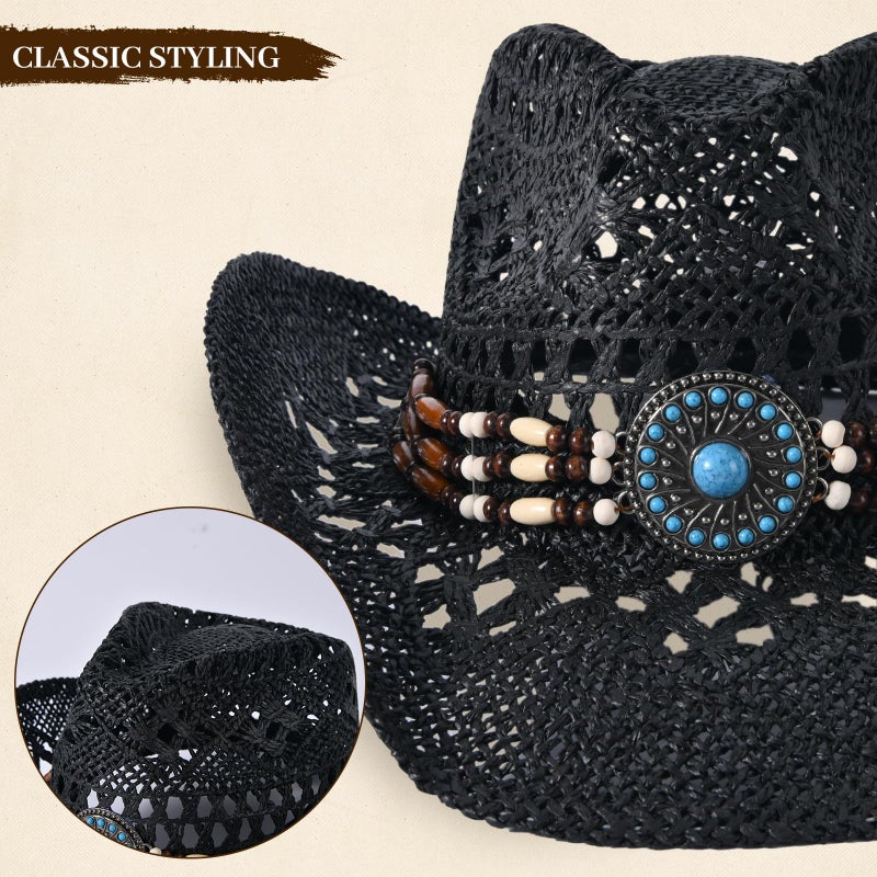 Willheoy Straw Cowboy Hat for Men Womens Straw Cowgirl Hat Summer Western Cowboy Hats with Wide Brim for Cowgirls and Cowboys (US, Alpha, Medium, Black) - Image 5