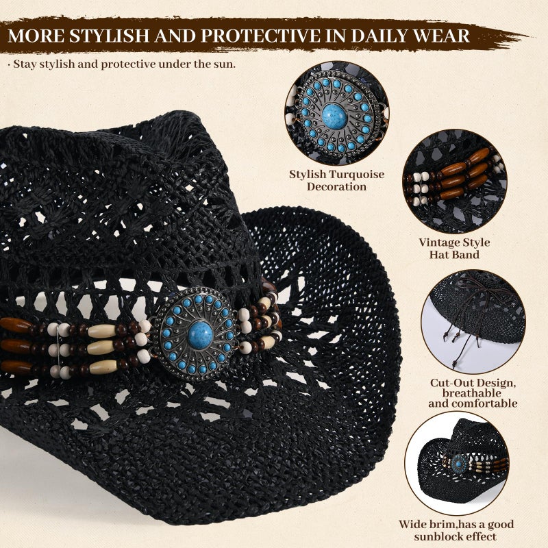 Willheoy Straw Cowboy Hat for Men Womens Straw Cowgirl Hat Summer Western Cowboy Hats with Wide Brim for Cowgirls and Cowboys (US, Alpha, Medium, Black) - Image 2