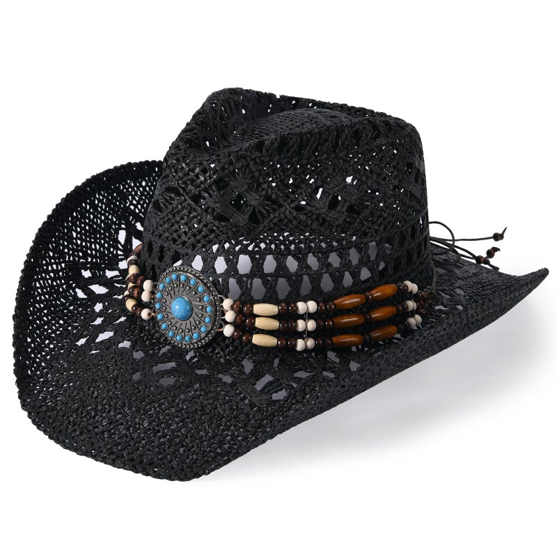 Willheoy Straw Cowboy Hat for Men Womens Straw Cowgirl Hat Summer Western Cowboy Hats with Wide Brim for Cowgirls and Cowboys (US, Alpha, Medium, Black) - Image 1