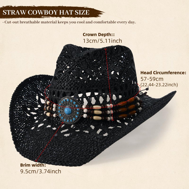 Willheoy Straw Cowboy Hat for Men Womens Straw Cowgirl Hat Summer Western Cowboy Hats with Wide Brim for Cowgirls and Cowboys (US, Alpha, Medium, Black) - Image 3