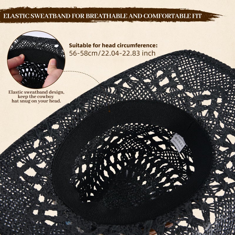 Willheoy Straw Cowboy Hat for Men Womens Straw Cowgirl Hat Summer Western Cowboy Hats with Wide Brim for Cowgirls and Cowboys (US, Alpha, Medium, Black) - Image 4