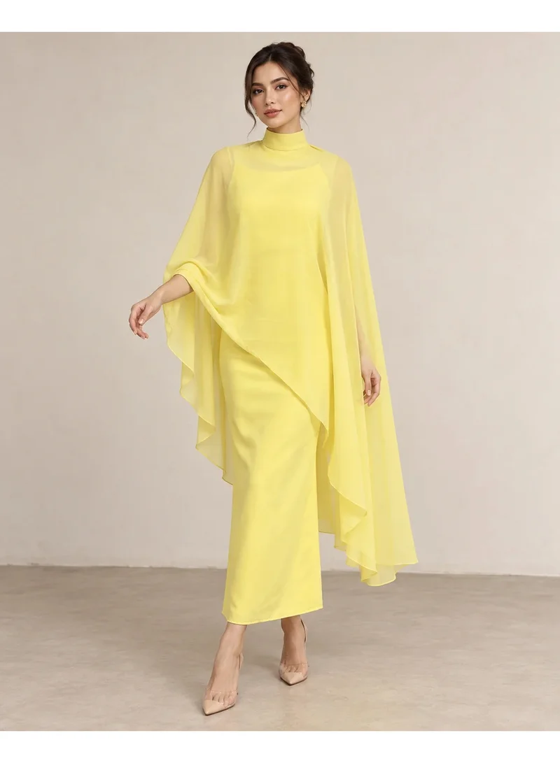 2Trendy Women's Yellow Maxi Dress with High Neck, Sheer Cape Sleeves and Open Back