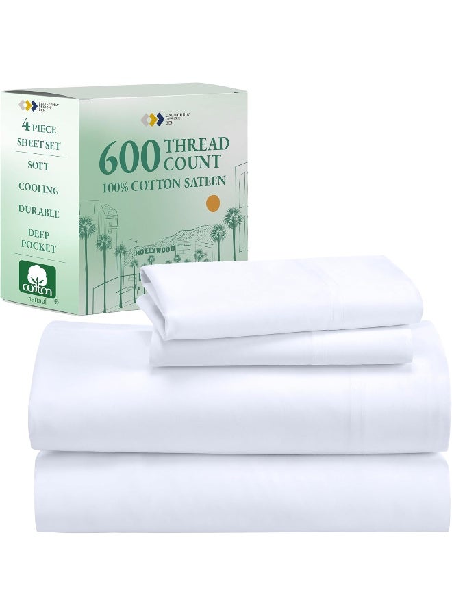 California Design Den California Design Den Luxury King Size Sheets Set, 600 Thread Count 100% Cotton Sheets, 4 Pc Deep Pocket King Sheets, 5-Star Hotel Sheets, Softer Than Egyptian Cotton Sheets, (White King Bed Sheets) - Image 1