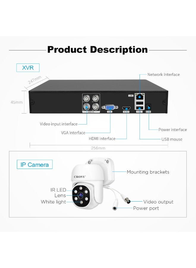 NVS004-WIFI-5MP 4CH 5MP XVR Security Camera Kit with 1080P Outdoor Indoor IP66 Cameras, Full-Color Night Vision, Motion Detection, Two-Way Audio, Remote App View, HDMI/VGA Output, H.265+ Recording, 16TB HDD Support, 4CH Simultaneous Playback, PTZ Control, Waterproof CCTV System for Home & Business Surveillance