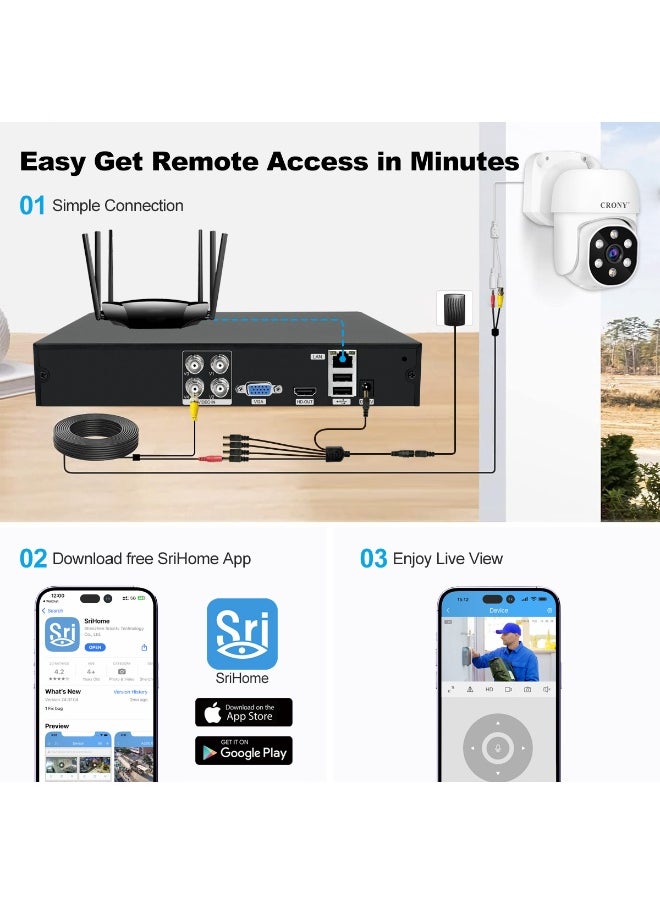 NVS004-WIFI-5MP 4CH 5MP XVR Security Camera Kit with 1080P Outdoor Indoor IP66 Cameras, Full-Color Night Vision, Motion Detection, Two-Way Audio, Remote App View, HDMI/VGA Output, H.265+ Recording, 16TB HDD Support, 4CH Simultaneous Playback, PTZ Control, Waterproof CCTV System for Home & Business Surveillance