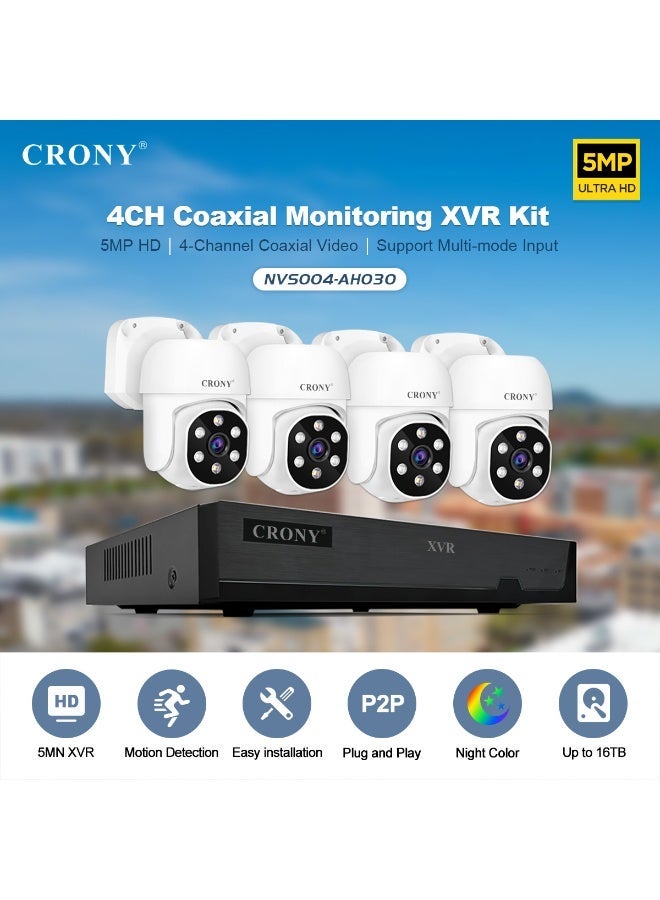 كروني مجموعة كاميرات كروني NVS004-Wifi-5MP 4 قنوات XVR بدقة 5 ميجابكسل، مع كاميرات IP66 خارجية وداخلية بدقة 1080 بكسل، رؤية ليلية كاملة الألوان، كشف الحركة، صوت ثنائي الاتجاه، عرض التطبيقات عن بُعد، مخرج HDMI/VGA، تسجيل H.265+، دعم قرص ثابت سعة 16 تيرابايت، تشغيل متزامن رباعي القنوات، تحكم Ptz، نظام كاميرات مقاوم للماء للمنازل والشركات. - Image 2