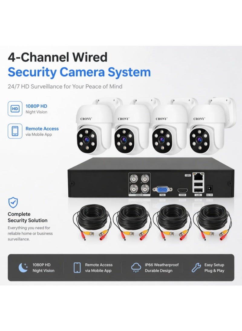 كروني مجموعة كاميرات كروني NVS004-Wifi-5MP 4 قنوات XVR بدقة 5 ميجابكسل، مع كاميرات IP66 خارجية وداخلية بدقة 1080 بكسل، رؤية ليلية كاملة الألوان، كشف الحركة، صوت ثنائي الاتجاه، عرض التطبيقات عن بُعد، مخرج HDMI/VGA، تسجيل H.265+، دعم قرص ثابت سعة 16 تيرابايت، تشغيل متزامن رباعي القنوات، تحكم Ptz، نظام كاميرات مقاوم للماء للمنازل والشركات. - Image 1