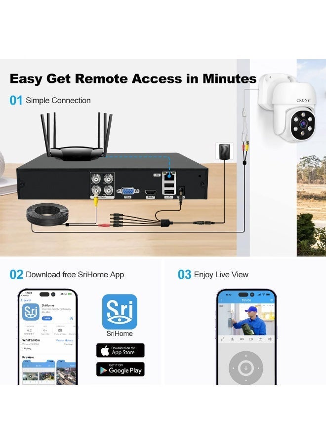 كروني مجموعة كاميرات كروني NVS004-Wifi-5MP 4 قنوات XVR بدقة 5 ميجابكسل، مع كاميرات IP66 خارجية وداخلية بدقة 1080 بكسل، رؤية ليلية كاملة الألوان، كشف الحركة، صوت ثنائي الاتجاه، عرض التطبيقات عن بُعد، مخرج HDMI/VGA، تسجيل H.265+، دعم قرص ثابت سعة 16 تيرابايت، تشغيل متزامن رباعي القنوات، تحكم Ptz، نظام كاميرات مقاوم للماء للمنازل والشركات. - Image 5