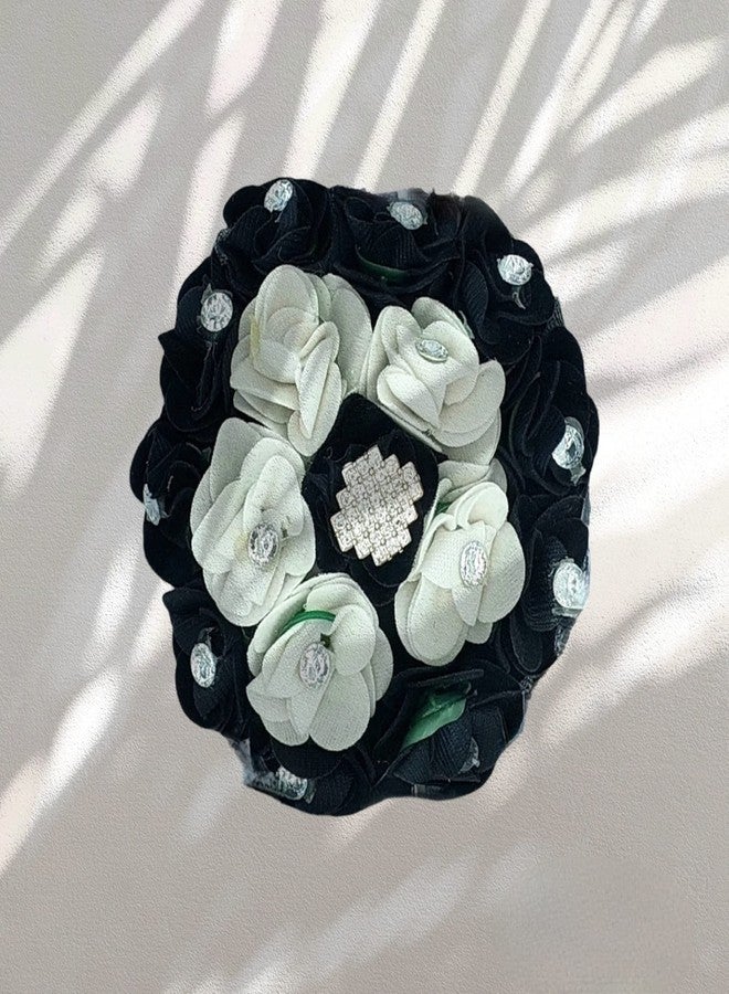 DIAN Black & White Full Bun Juda Maker Flower Gajra Hair Accessories, Artificial Juda Hair Accessories, Gajra Hair Accessories Rubber Band for Women and Girls, Flower Work Juda - Image 3