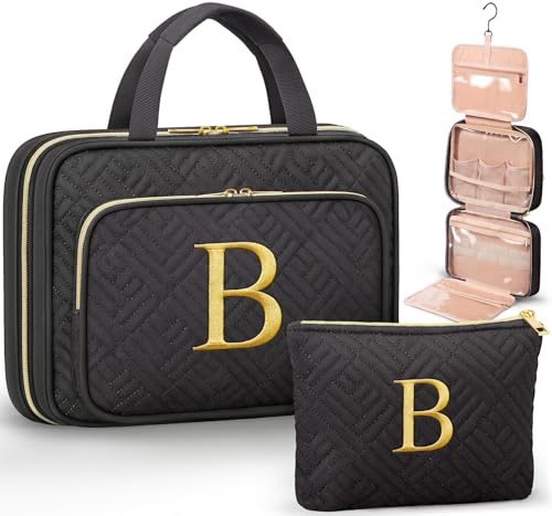 Qinline Personalized Gifts for Women Initial Toiletry Bag Hanging Travel Organizer Makeup Cosmetic Bag with Embroidery Letter Teacher Appreciation Gift Birthday Mothers Day Gifts for Mom Wife Friend Sister - Image 1