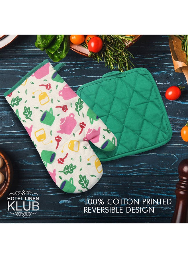 Hotel Linen Klub قفازات / قوائم أفران قابلة للعكس بتصميم مطبوع من قطعتين مع حامل أواني باللون الأخضر  - Image 3