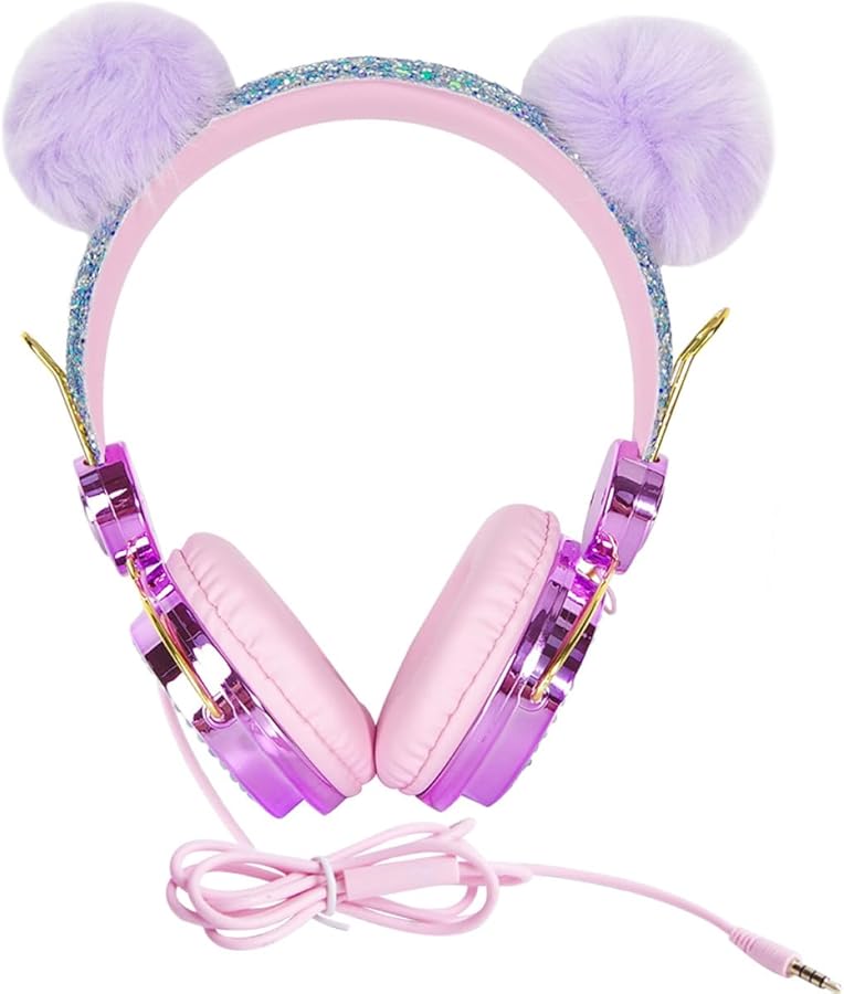 Over Ear Headphones with Microphone Adjustable Glitter Furry Ball Design Random Color for Phone Computer - Image 1