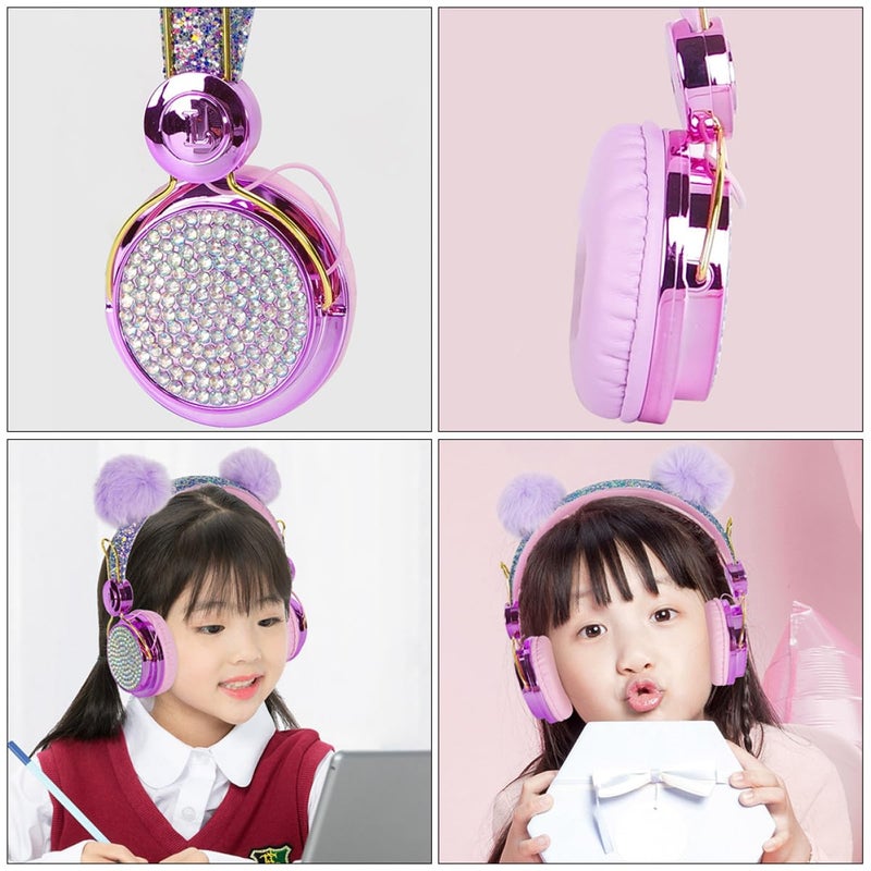 Over Ear Headphones with Microphone Adjustable Glitter Furry Ball Design Random Color for Phone Computer - Image 3