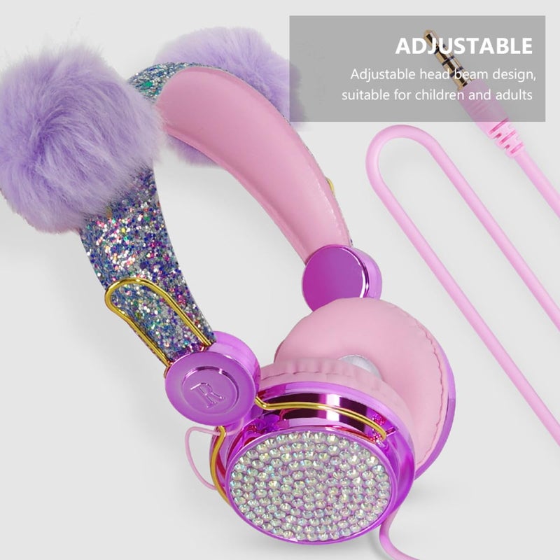 Over Ear Headphones with Microphone Adjustable Glitter Furry Ball Design Random Color for Phone Computer - Image 5
