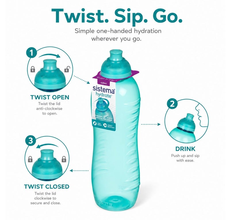 Sistema 620ML Squeeze Water Bottle, BPA Free Leak-Proof Reusable Sports Drinking Bottle, Lightweight Easy-Squeeze Bottle for School, Kids, Gym, Travel & Everyday Hydration - Green - Image 3