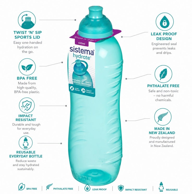 Sistema 620ML Squeeze Water Bottle, BPA Free Leak-Proof Reusable Sports Drinking Bottle, Lightweight Easy-Squeeze Bottle for School, Kids, Gym, Travel & Everyday Hydration - Green - Image 2