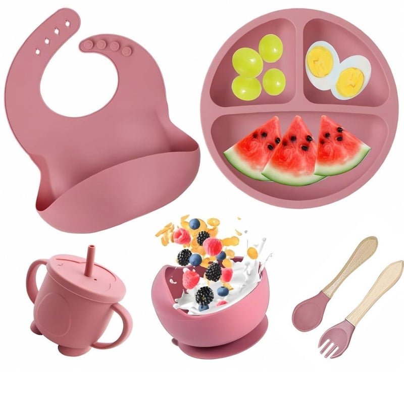 MGROY 6PCS Silicone Baby Feeding Set – Suction Plate, Bowl, Bib, Spoon, Fork & Cup – BPA-Free, Microwave & Dishwasher Safe – Soft & Safe for Babies 6 Months+ (Dark Pink) - Image 1