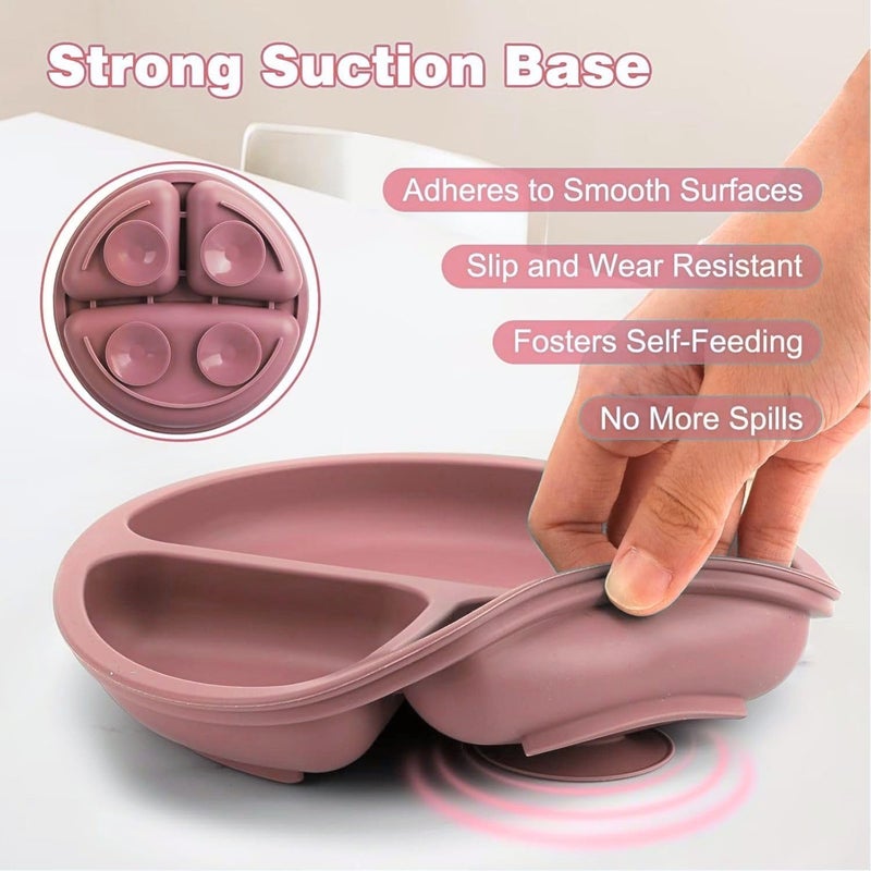 MGROY 6PCS Silicone Baby Feeding Set – Suction Plate, Bowl, Bib, Spoon, Fork & Cup – BPA-Free, Microwave & Dishwasher Safe – Soft & Safe for Babies 6 Months+ (Dark Pink) - Image 3