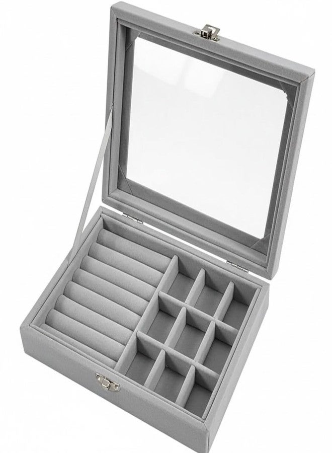 TRYV Velvet Jewellery Organizer Box with Clear Lid for Rings Earrings Necklace | 12-Grid Portable Jewellery Storage Case for Women Girls | Soft Velvet Tray, Dustproof Transparent Cover - Image 1