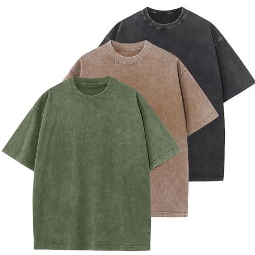 KEEPSHOWING 3 Pcs Oversized Heavy Cotton Summer T-Shirts Vintage Unisex Short Sleeves Casual Loose Basic Tops(Black+Coffee+ArmyGreen S) - Image 1