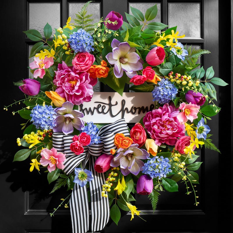 Pinkpuii Spring Wreaths for Front Door Outsideâ€“ 24 Inch Spring Door Wreath with Pink Peonies, Roses,Blue Hydrangeas&Yellow Tulips,Colorful Welcome Summer Wreaths for Front Door Porch & Entryway Decor - Image 1