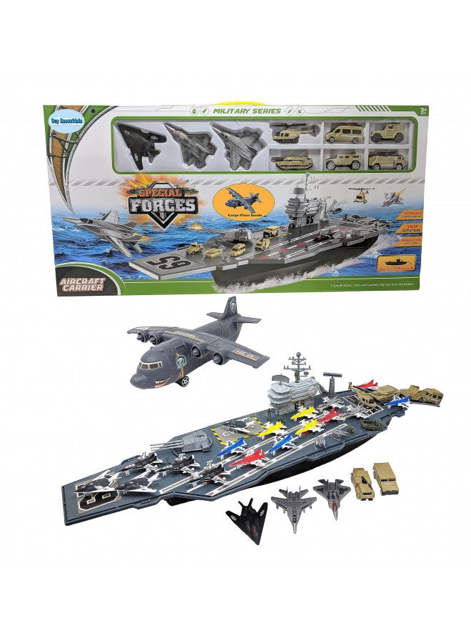 Toy Essentials Aircraft Carrier Toy Army Men with Cargo Plane Warplanes Fighter Jets Military Vehicles - Image 1