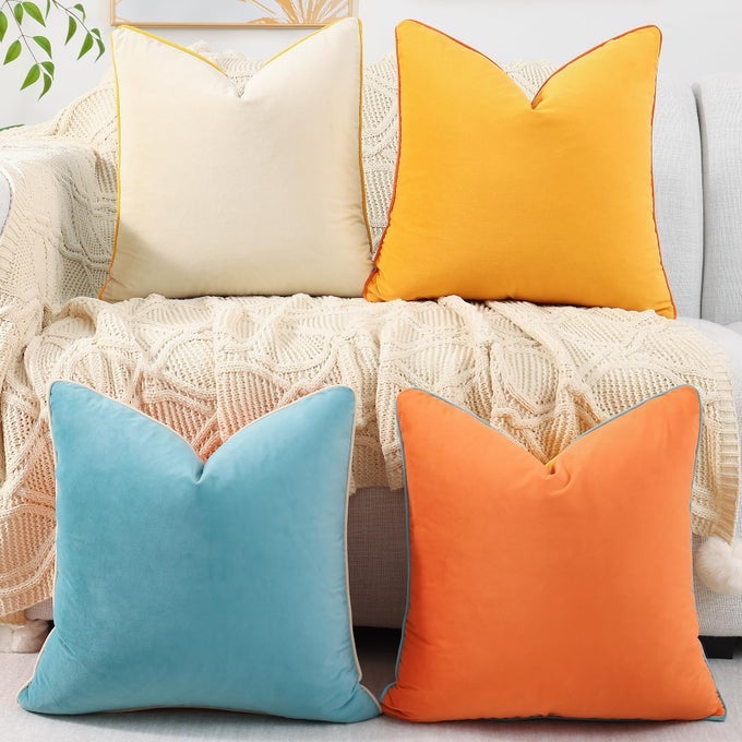 SOFT VELVET THROW PILLOW COVERS 18X18 INCH SET OF 4 ACCENT COLORFUL DECORATIVE PILLOW COVERS WITH 4COLOR MIX AND MATCH FOR BEDROOM LIVING ROOM ORANGE YELLOW