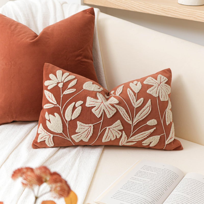 BlissBlush Fall Throw Pillow Cover 12x20 Rust Brick Red Soft Velvet Floral Decorative Lumbar Accent Throw PillowcaseTextured Farmhouse Pillowcase for Couch Sofa Living Room Home Dcor