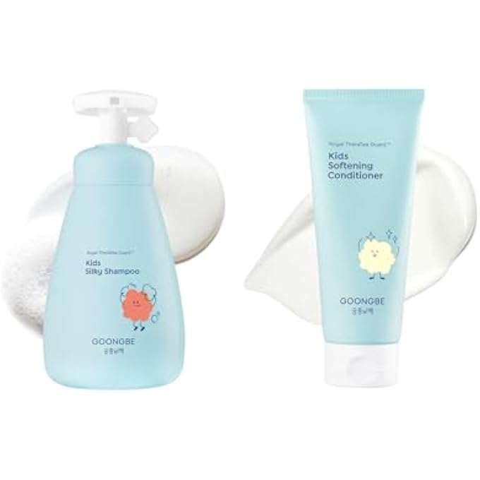 GOONGBE Korean Kids Silicone-Free Silky Shampoo & Conditioner for Weak Frizzy Hair - Glossy Shine & Tangle Prevention - Low pH - Allergen-Free, 10.1oz & 6.76oz