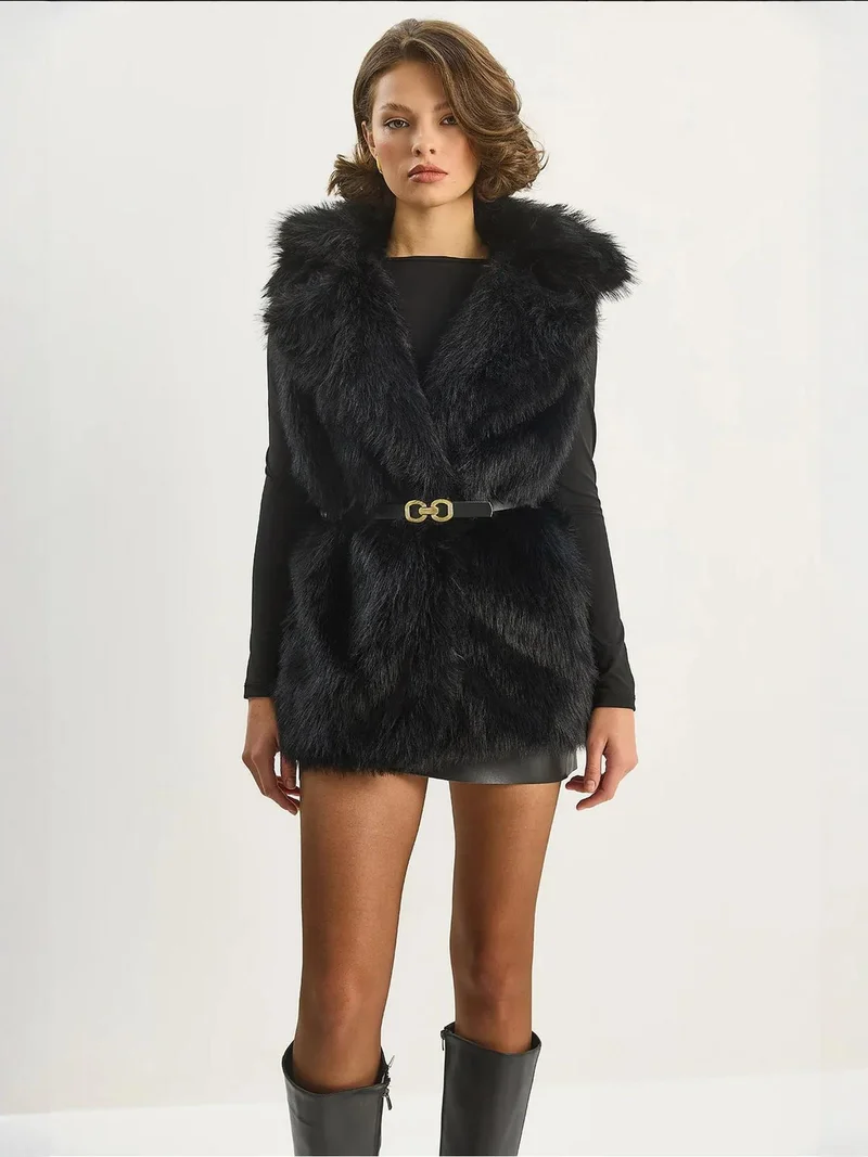 Bianco Lucci Black LUCCI Faux Fur Waistcoat for Women | Best Price UAE