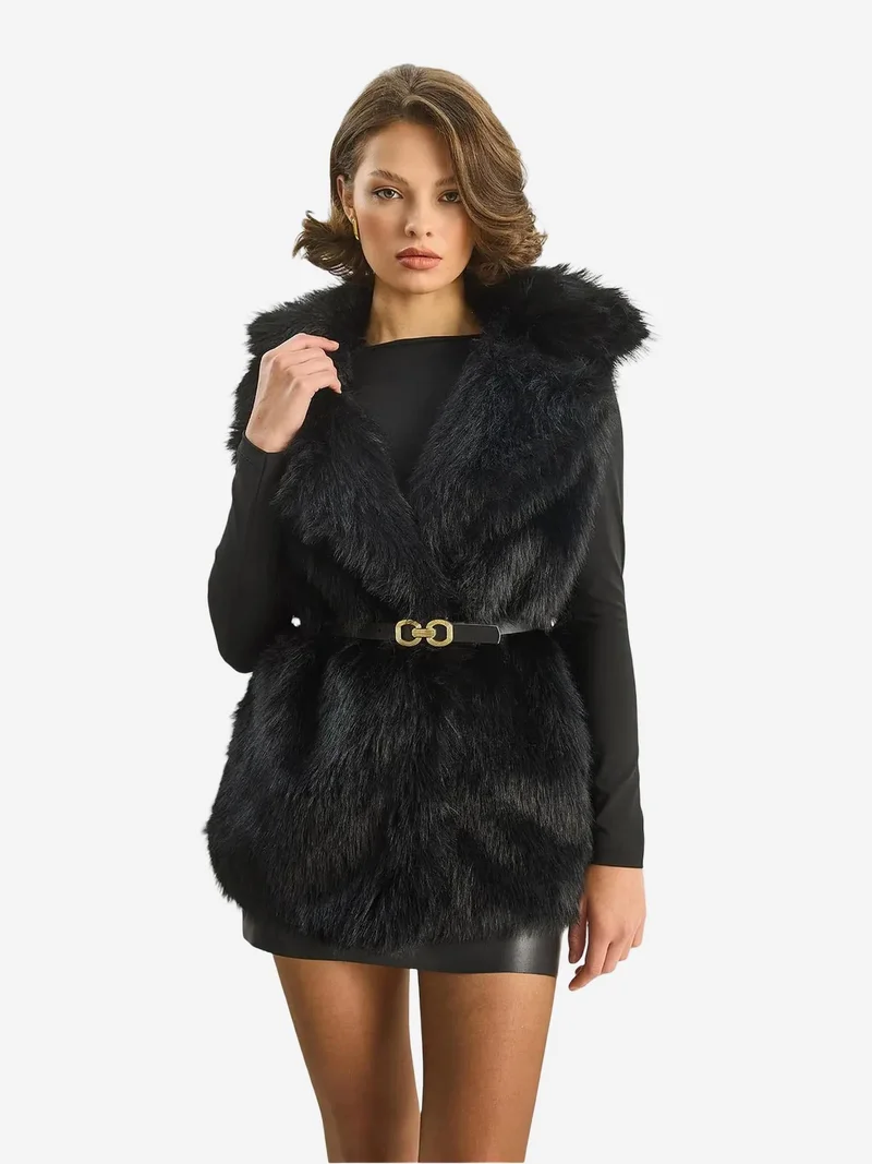 Bianco Lucci Black LUCCI Faux Fur Waistcoat for Women | Best Price UAE