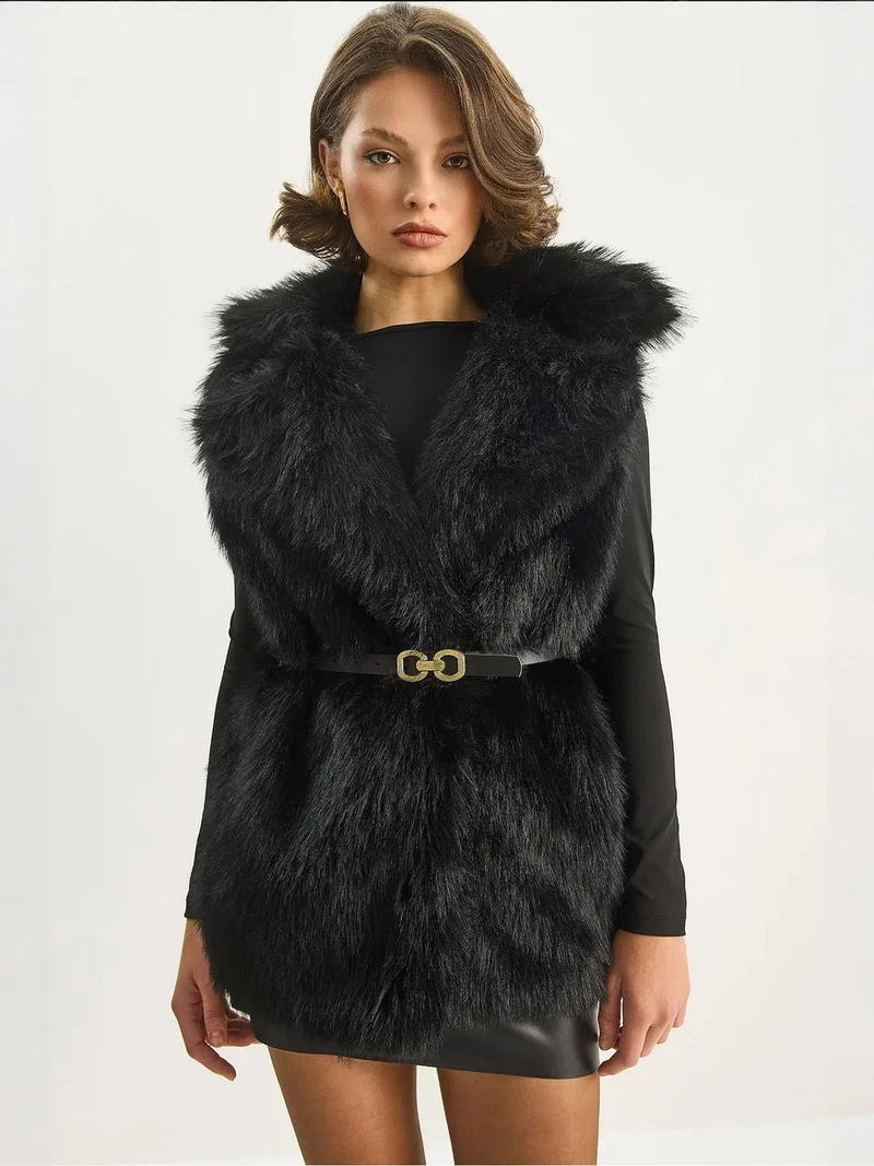 Bianco Lucci Black LUCCI Faux Fur Waistcoat for Women | Best Price UAE