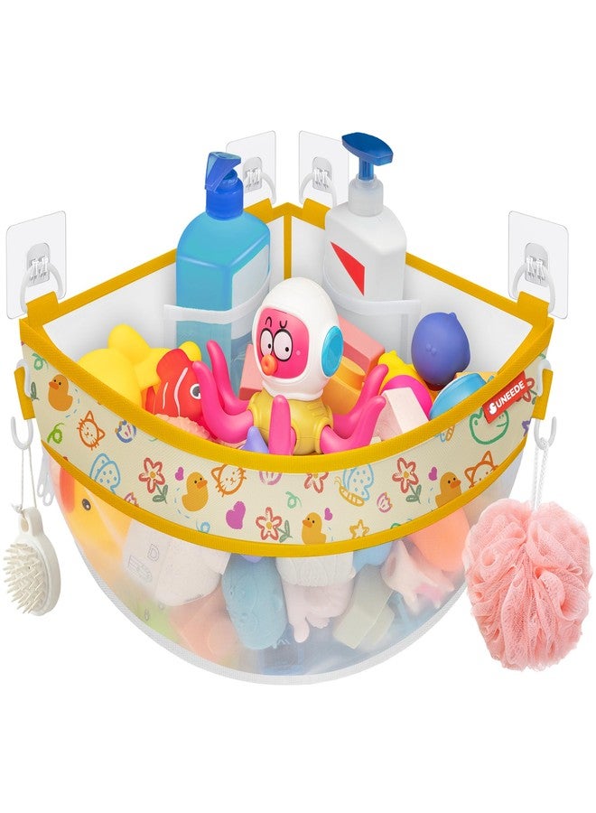 UNEEDE 4.32 Gallons Duck Print Corner Mounted Bath Toy Storage Holder, Yellow Mesh Shower Caddy for Bathtub Organizer, Quick Dry Holder - Image 1