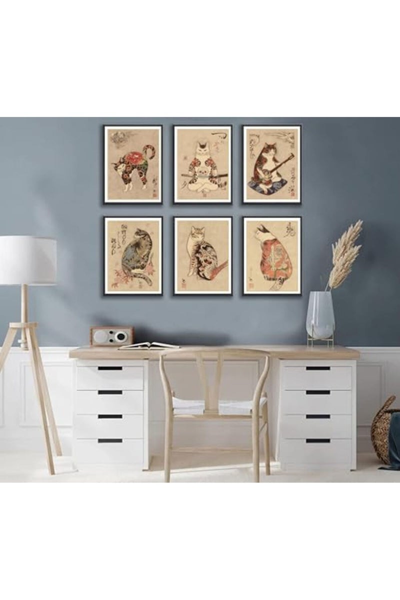 NBYARTQ 6Pcs Japanese Samurai Cat Wall Art Prints - Image 4