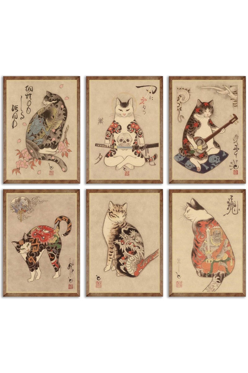 NBYARTQ 6Pcs Japanese Samurai Cat Wall Art Prints - Image 1