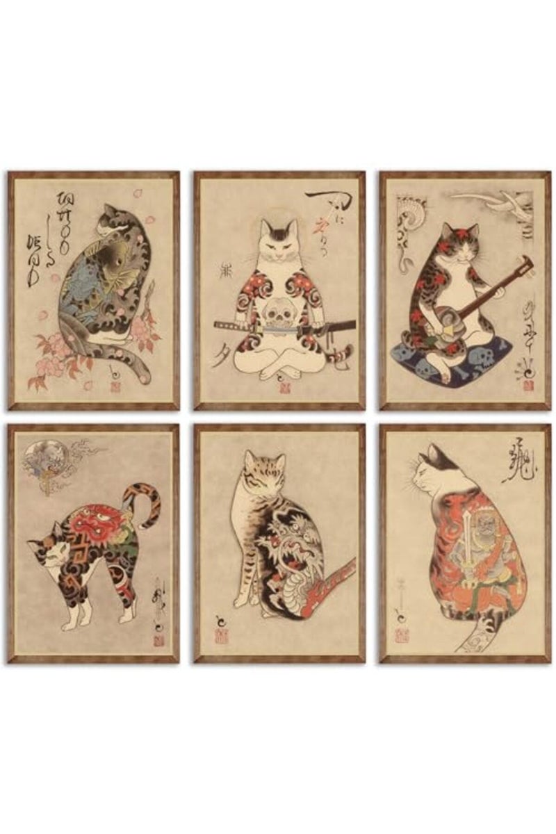 NBYARTQ 6Pcs Japanese Samurai Cat Wall Art Prints - Image 2
