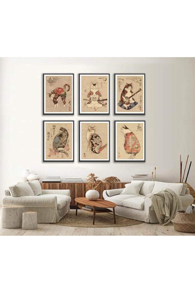 NBYARTQ 6Pcs Japanese Samurai Cat Wall Art Prints - Image 3