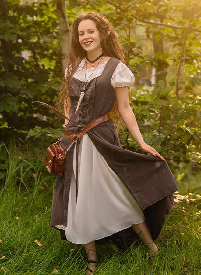 Scarlet Darkness Renaissance Dress Women Pirate Halloween Witchy Cosplay Overdress with Pockets, Brown, S - Image 3